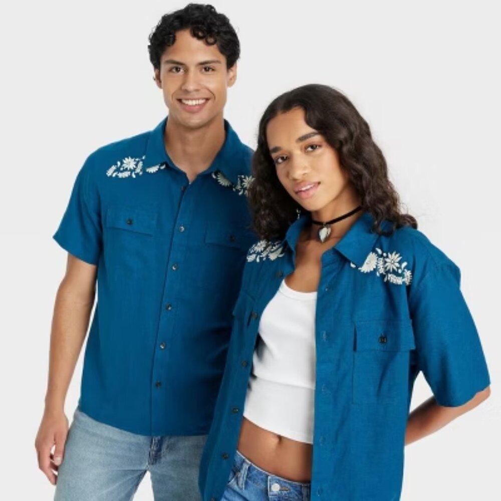 NEW Latino Heritage Month Adult Short Sleeve Button-Down Shirt - Blue Large